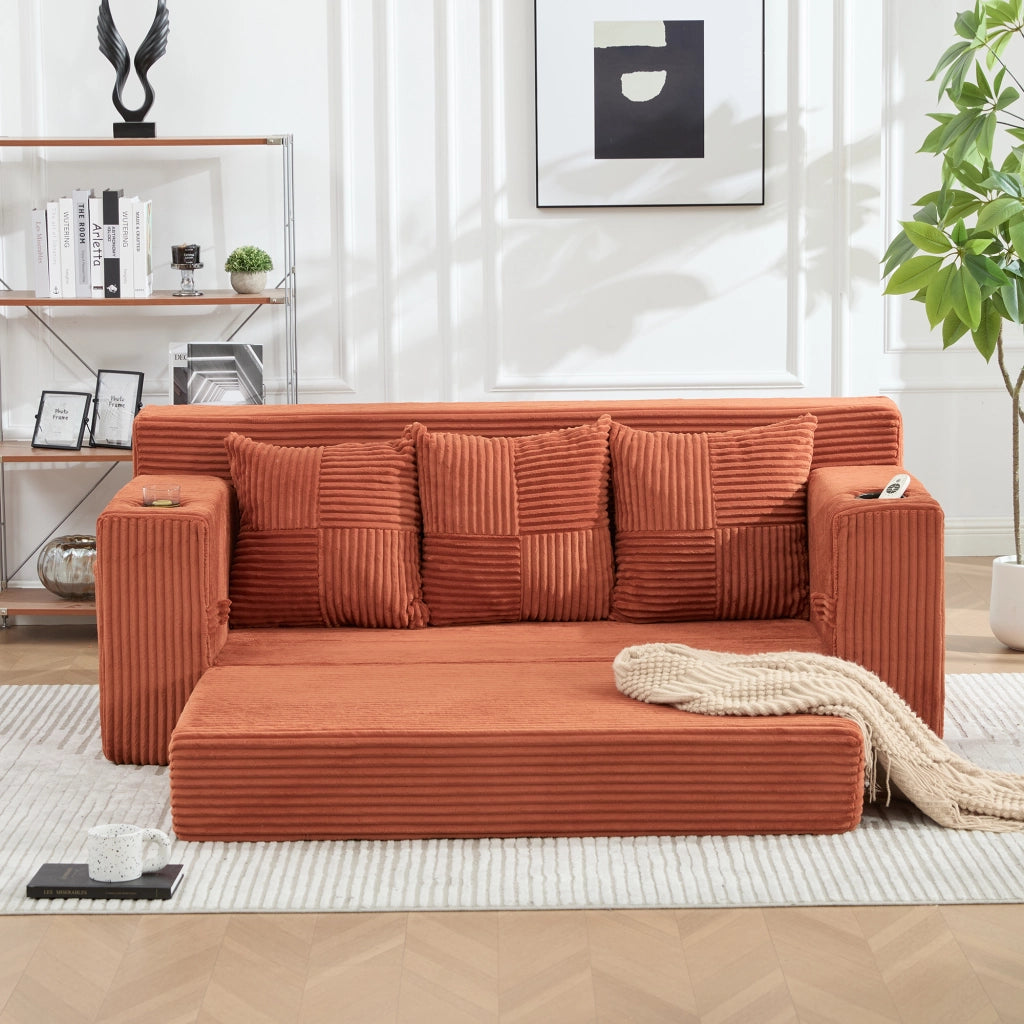 Divano modulare 172x87x64 cm trasformabile in cuscini separati in velluto a coste arancione