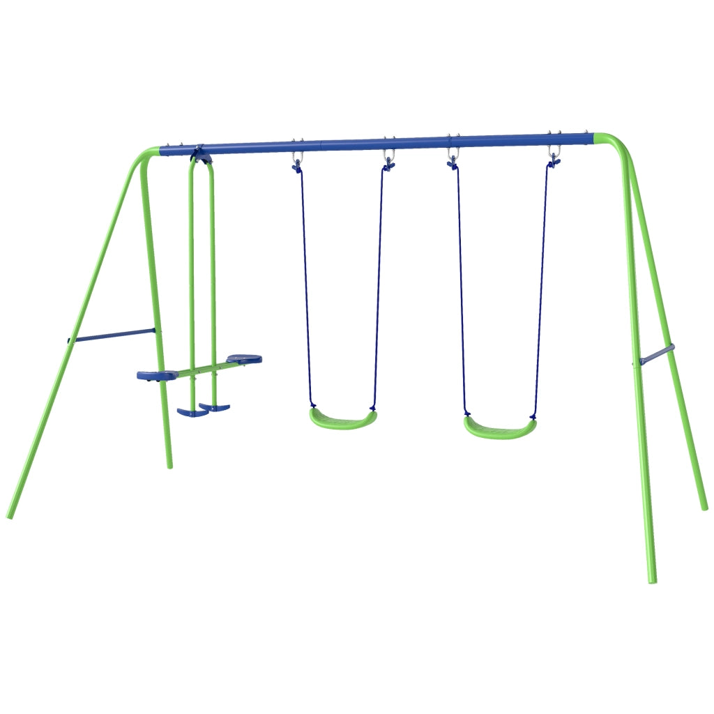 Gioco per Bambini con Altalena Doppia e 2 Altalene Singole in Metallo e PE, 280x140x178 cm, Verde e Blu