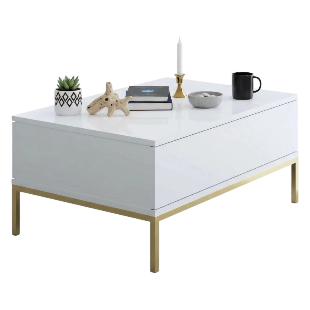 Tavolino da salotto Vespero, Tavolo basso da caffè, Portariviste per divano, Ripiano da soggiorno, 90x60h40 cm, Bianco e Oro