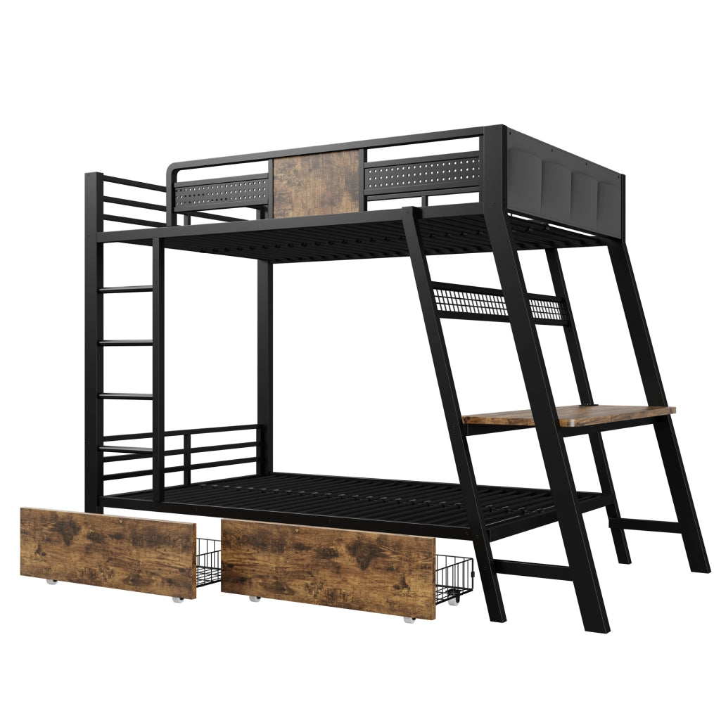 Letto a castello 90x200 cm con scrivania; LED e vani portaoggetti in metallo nero