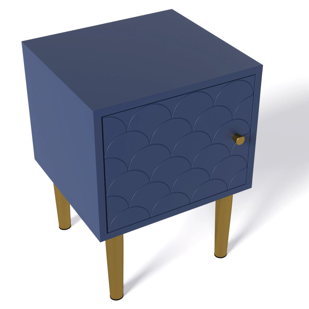 Comodino in legno e metallo, colore blu navy, 35x35x51 cm, design con motivo a squame