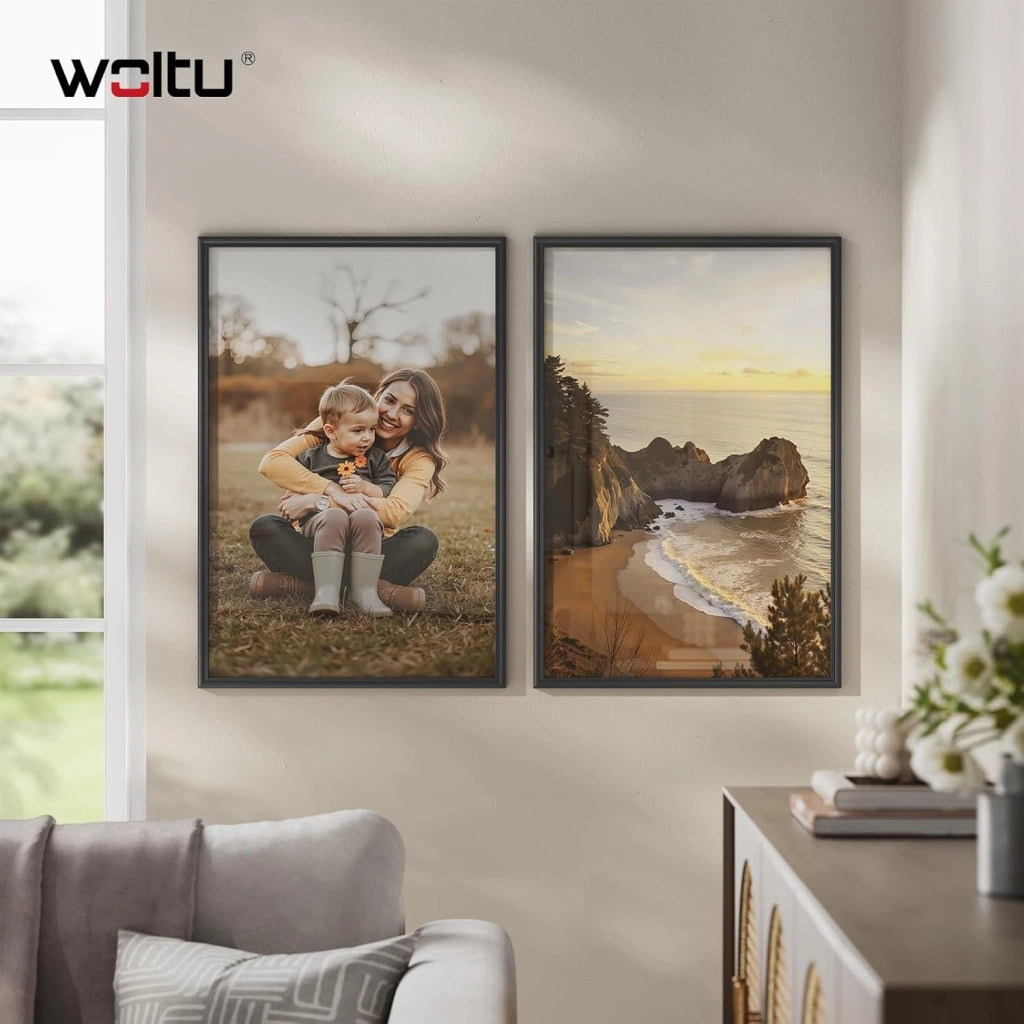 Set di 5 Cornici Foto 50x70 cm con Passepartout, Portafoto da Parete e Tavolo, Verticale o Orizzontale, in Legno Massiccio, Nero
