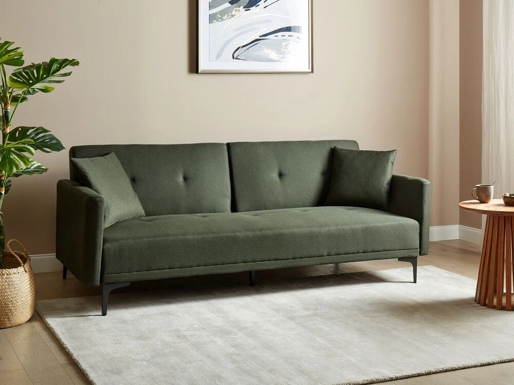 Divano letto moderno in tessuto verde scuro a 3 posti con schienale con bottoni gambe nero design moderno scandinavo
