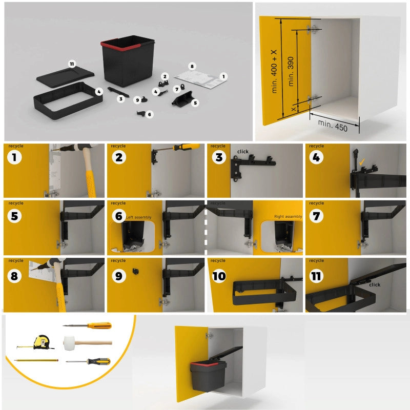 Kit di contenitori per la raccolta differenziata per cassetti da cucina Recycle Altezza Recycle 216 mm, 2x12 lt, 2x6 l..