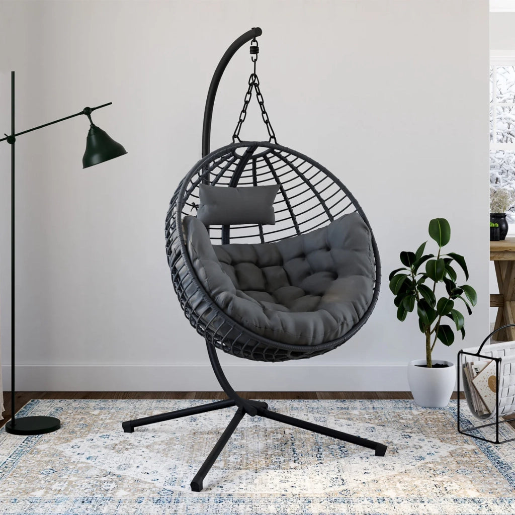 IDMarket - Poltrona rotonda traforata con effetto rattan grigio e cuscino grigio