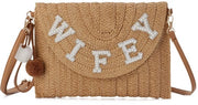 Borsa a Mano per Donne con Chiusura a Clutch, Tela Intrecciata, Tela Khaki, Tela per Borsa di Vacanze, Borsa per Matrimonio, Borsa per Spiaggia, Modello: Khaki Wifey