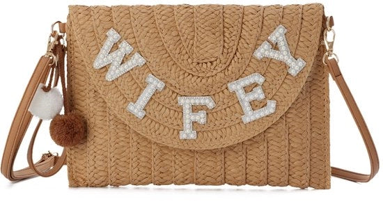 Borsa a Mano per Donne con Chiusura a Clutch, Tela Intrecciata, Tela Khaki, Tela per Borsa di Vacanze, Borsa per Matrimonio, Borsa per Spiaggia, Modello: Khaki Wifey