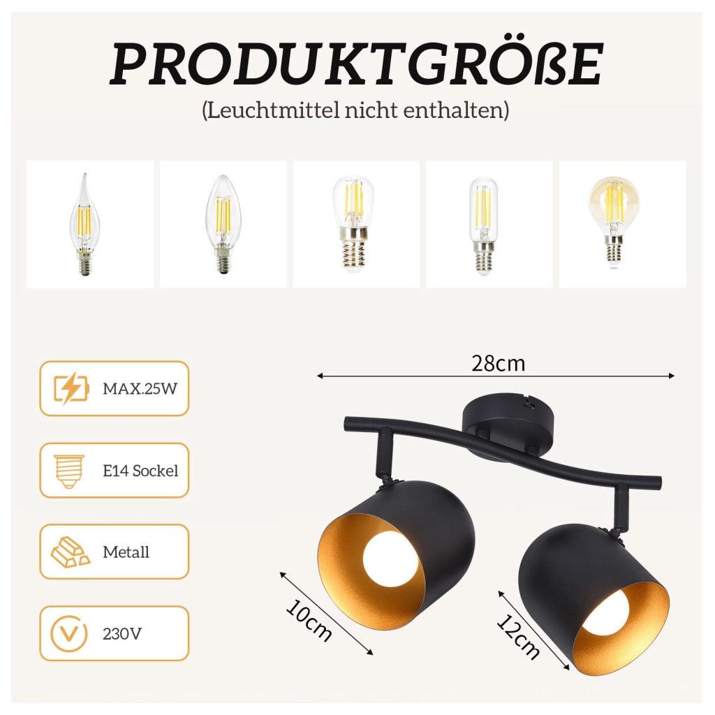 ZMH Faretto da soffitto 2 fiamme nero oro E14 lampada da soffitto girevole 350° soggiorno