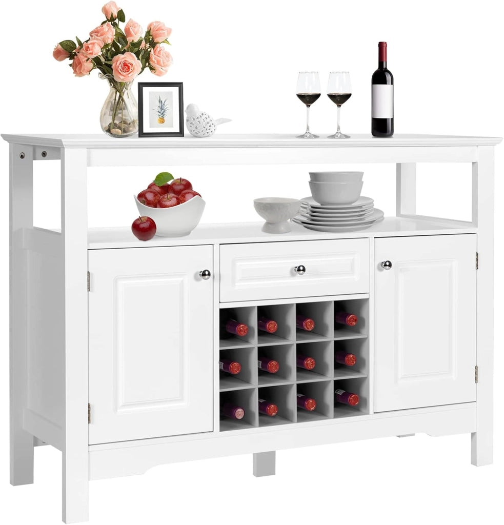 Tavolo Portabottiglie, 2 Ripiani, 12 Bottiglie, Cantinetta con 1 Cassetto e 2 Ante, Portabottiglie per Conservare ed Esporre il Vino, 116x40x82cm, 3 Colori (nero)