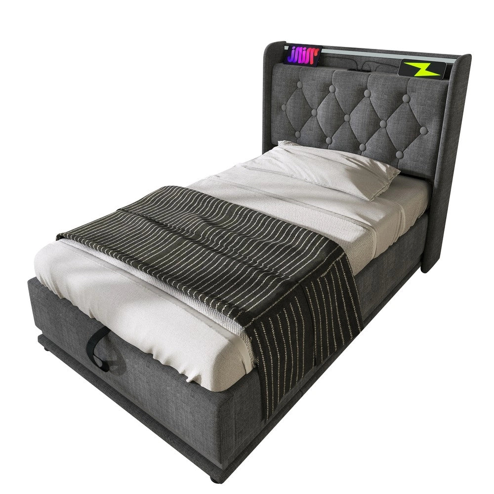 Letto Singolo Imbottito con LED e Contenitore Idraulico ¨C MINIMAL ¨C Grigio, 90x200 cm