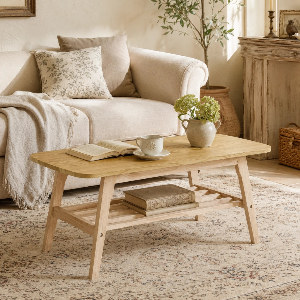 Tavolino basso con 2 ripiani contenitore e base in legno massiccio per soggiorno stile moderno 110 × 58 × 19 cm