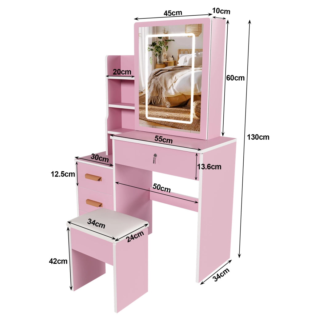 Tavolo da toeletta elegante con specchio illuminato; sgabello morbido; luce regolabile 3 colori; 4 cassetti; Rosa; B85×H130×P36cm