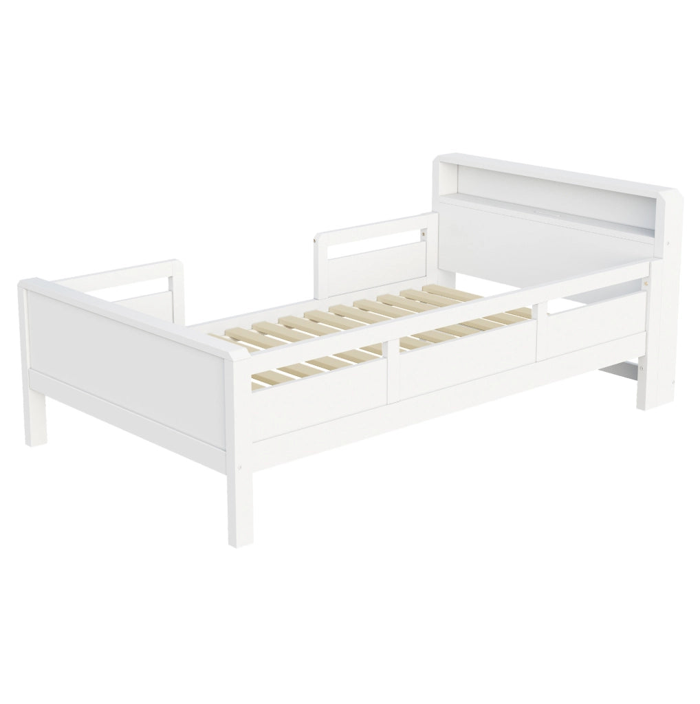 Letto singolo multifunzione 90x200 cm in legno bianco con LED; presa USB e USB-C; testiera con ripiano