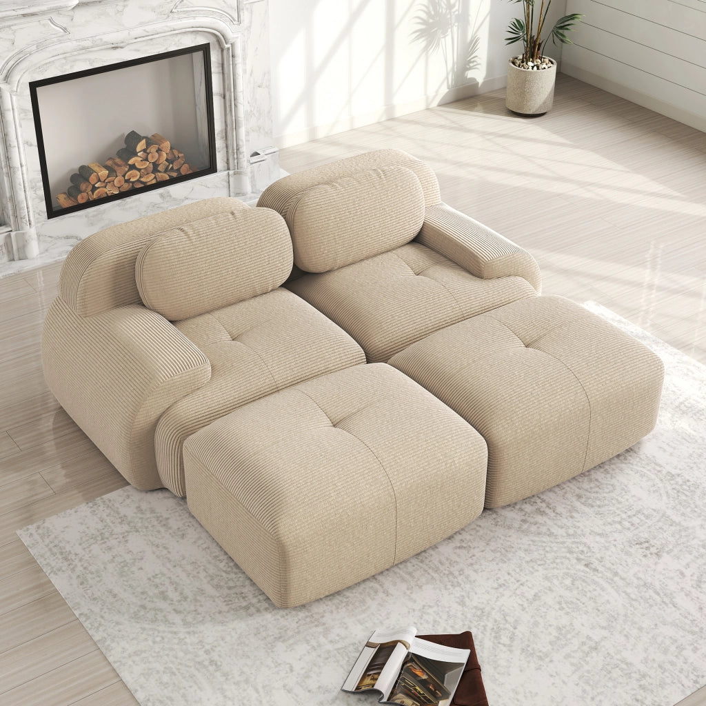 Divano 2 Posti in Tessuto a Coste con Chaise Longue ¨C MINIMAL ¨C Beige, Braccioli Ergonomici, Modulare