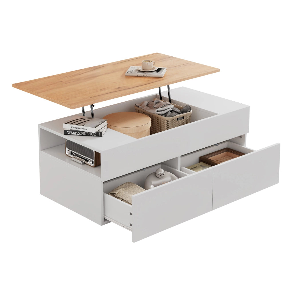 OKWISH Tavolino da Caffè Alzabile con 2 Cassetti e Vani Semiaperti, per Soggiorno, in Pannello di Particelle, Bianco, 100×50×40 cm