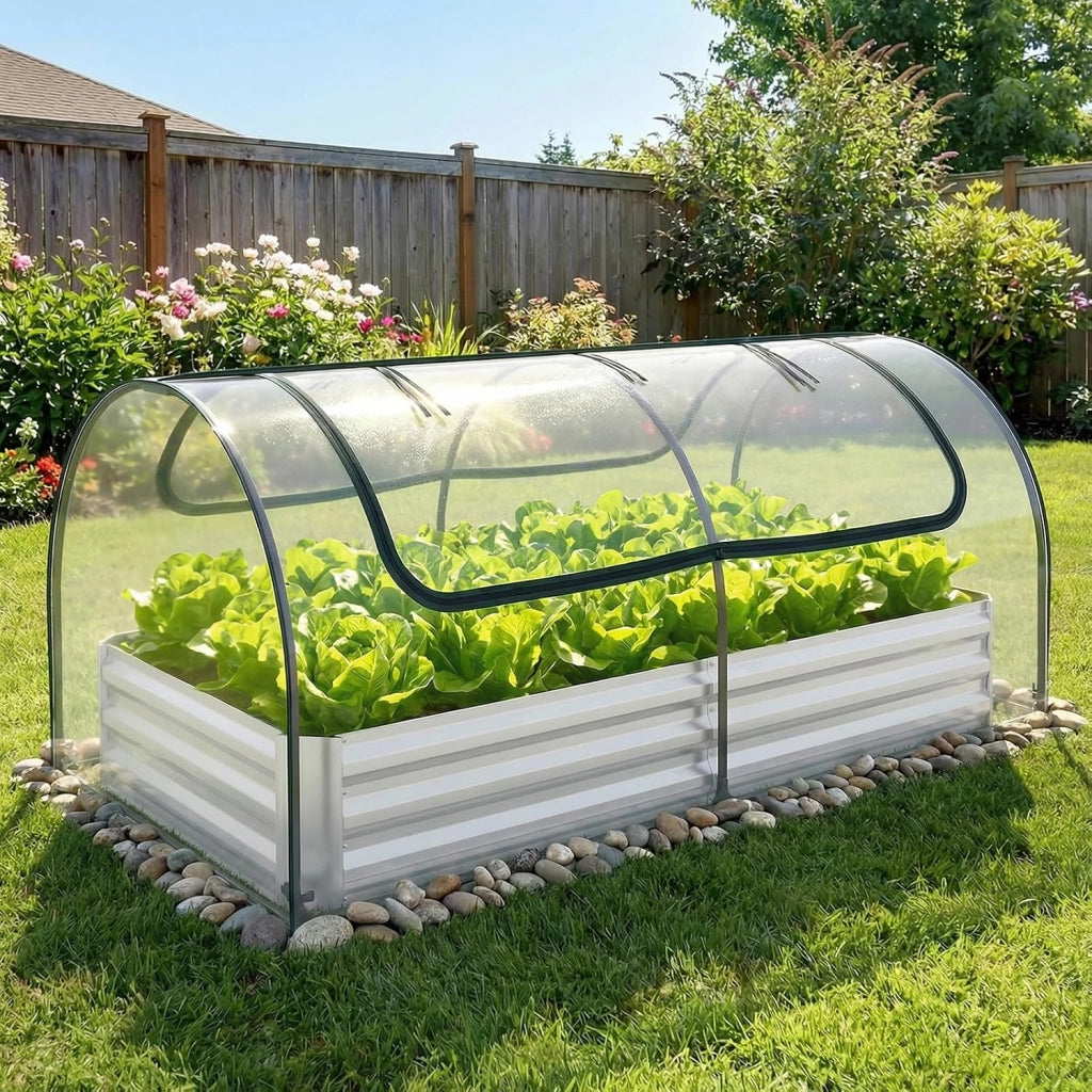 Orto Rialzato Zincato con Serra, Aiuola Senza Fondo con Copertura Trasparente, Fioriere con Finestre Avvolgibili per Giardino e Terrazzo (202 x 101 x 81 cm)