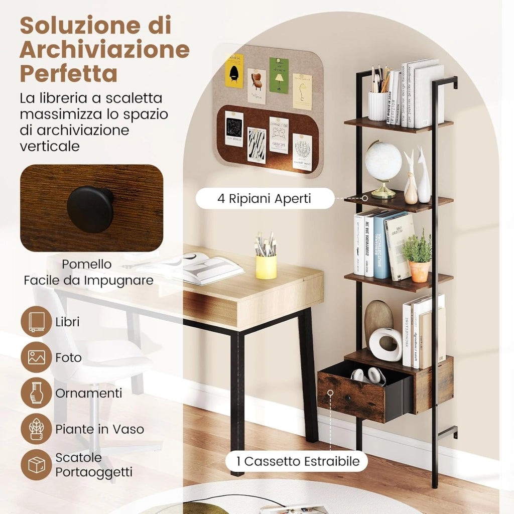 Libreria a Scala a 5 Ripiani con Cassetto in Tessuto, Scaffale da Parete Salvaspazio in Legno, Scaffale Portaoggetti per Soggiorno, Studio e Camera da Letto, 43 x 30 x 178 cm, Marrone