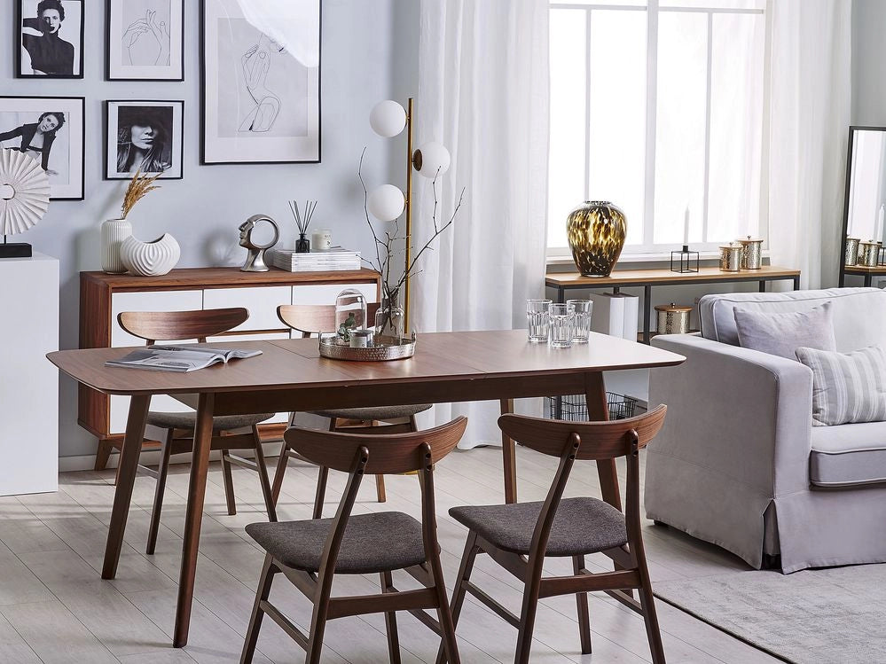 Tavolo da pranzo in noce scuro 120/150 x 75 cm, allungabile con gambe in legno, minimalista scandinavo