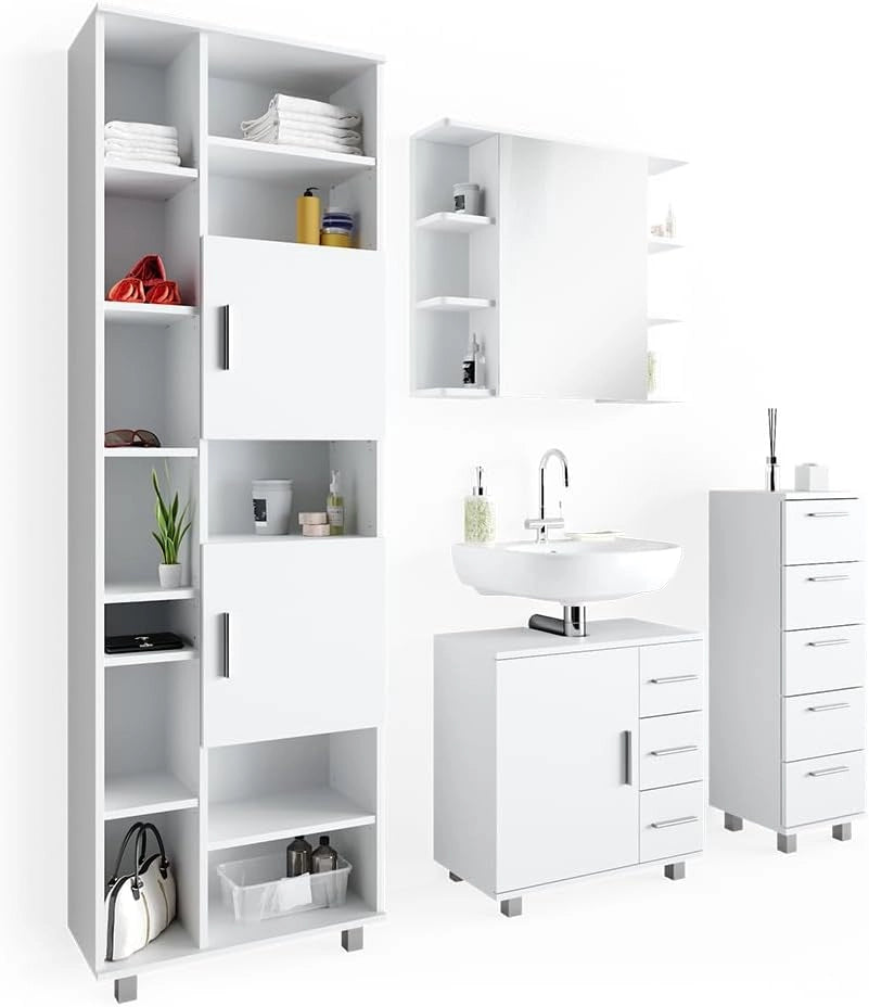 Set mobili bagno Ilias, Bianco, 60 cm, composto da mobile lavabo, pensile a specchio, colonna e base media
