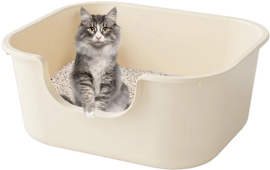 Cassetta per gatti aperta con bordo alto e ingresso basso, chiusa e protetta contro sassi cadenti (beige)