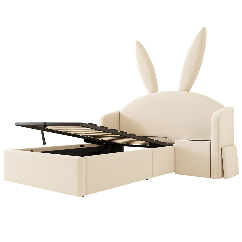 Letto con Contenitore 90 x 200 cm; Letto Singolo - Comodino e Testiera Imbottita - Beige
