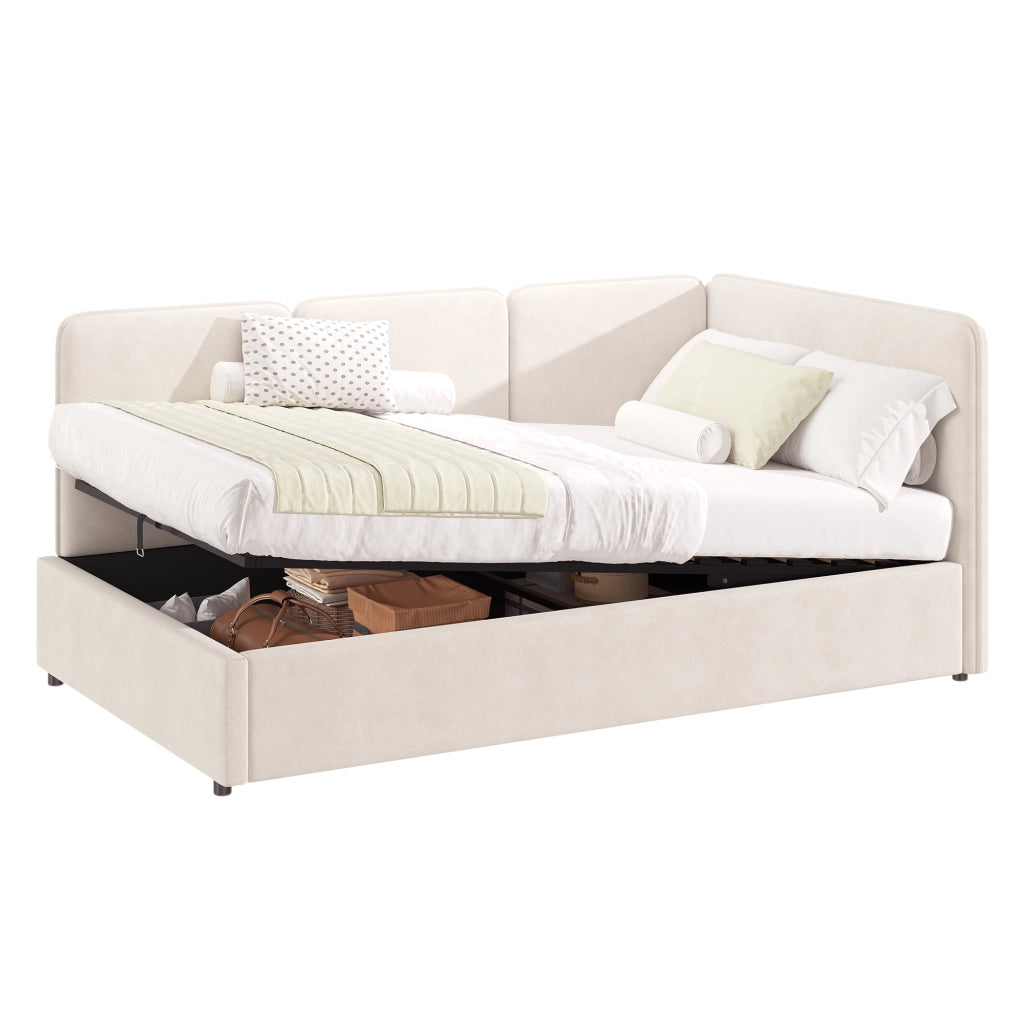 Letto daybed 90x200 cm in velluto beige con contenitore idraulico, testiera imbottita e montaggio reversibile