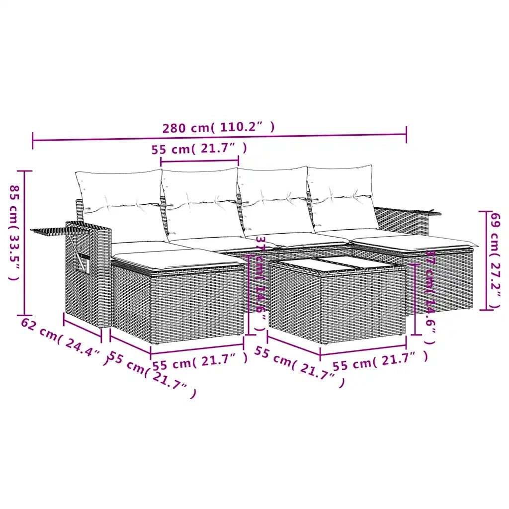 Set Divani da Giardino 7 pz con Cuscini Marrone in Polyrattan