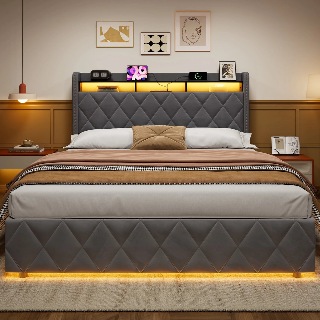 Letto matrimoniale imbottito contenitore grigio scuro 160x200 cm con LED e dock USB