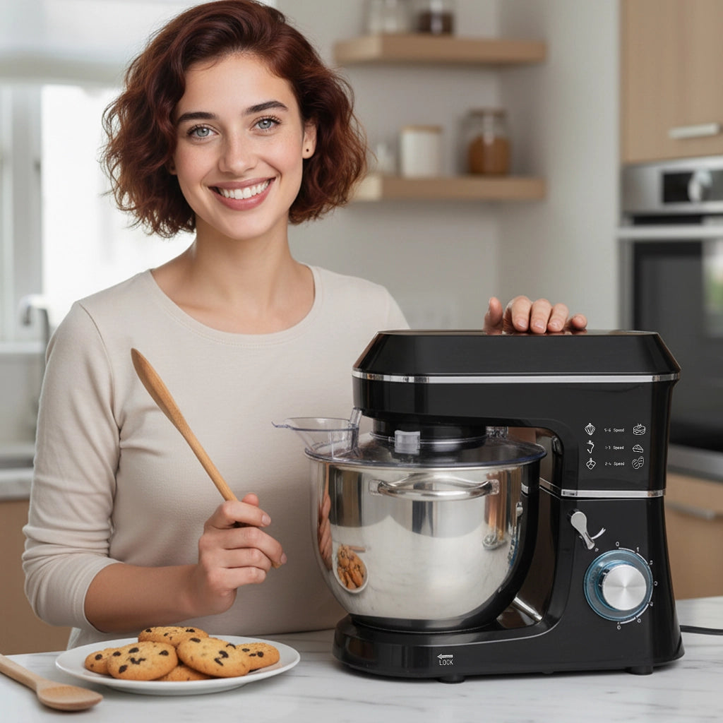 Impastatrice Planetaria 1400W con Ciotola 7L e 6 Velocità Gancio Impastatore Frusta e Sbattitore Nero