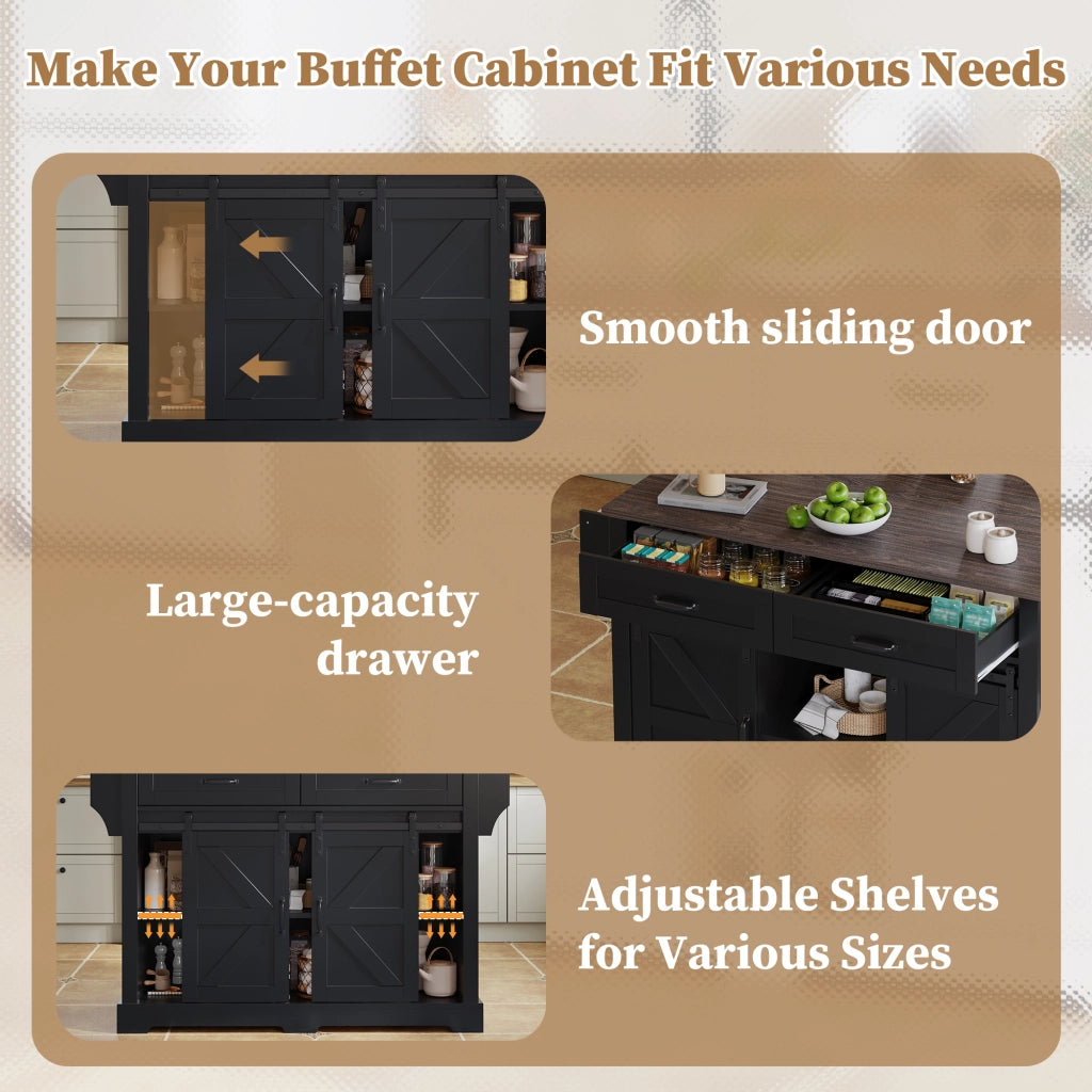 Carrello da cucina con piano ribaltabile, 2 ante scorrevoli e 2 cassetti, stile fienile, in MDF, nero, 120 × 45(70) × 91 cm