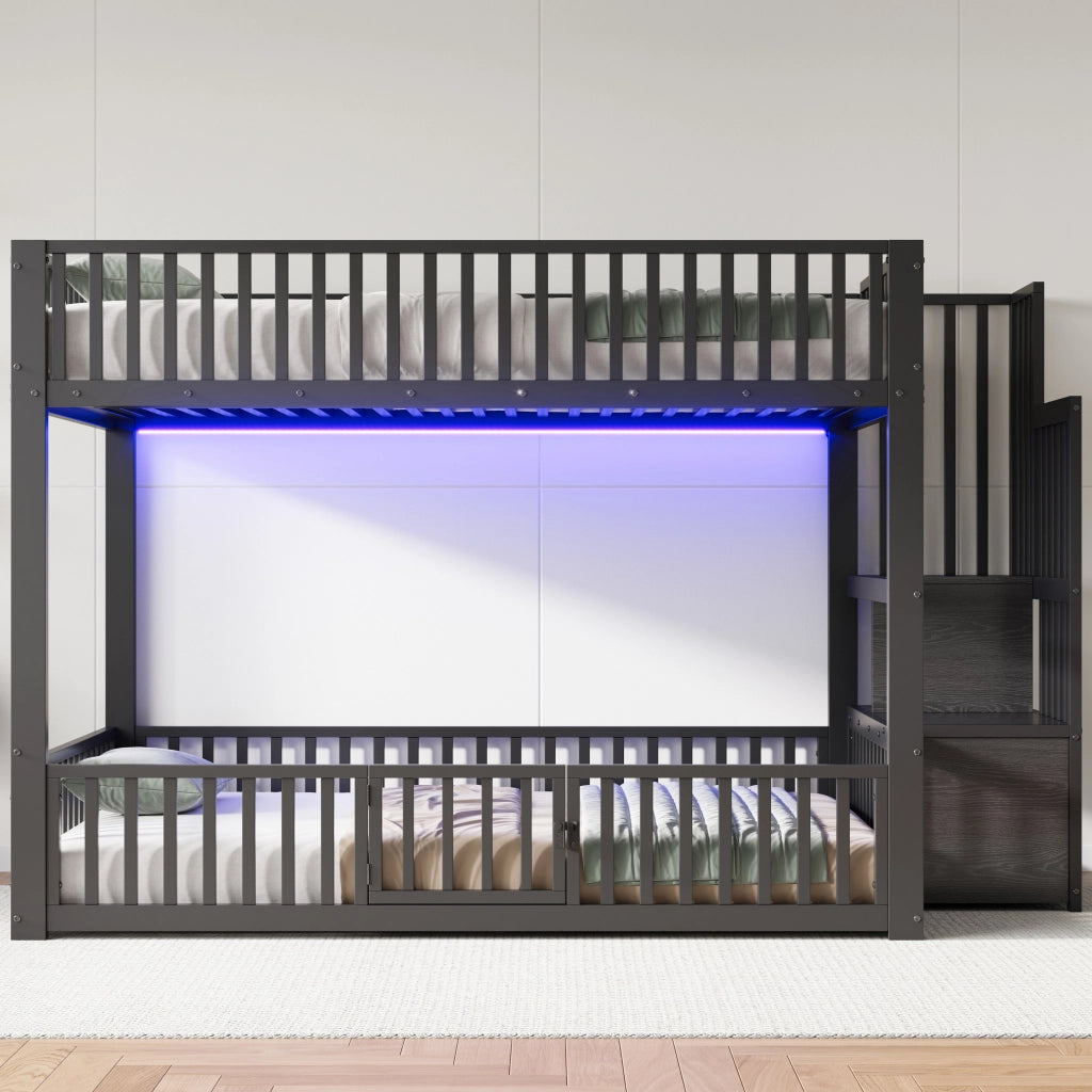 DESMIU Letto a castello 140 × 200 cm 2 posti con LED, scala contenitore, senza materasso, nero