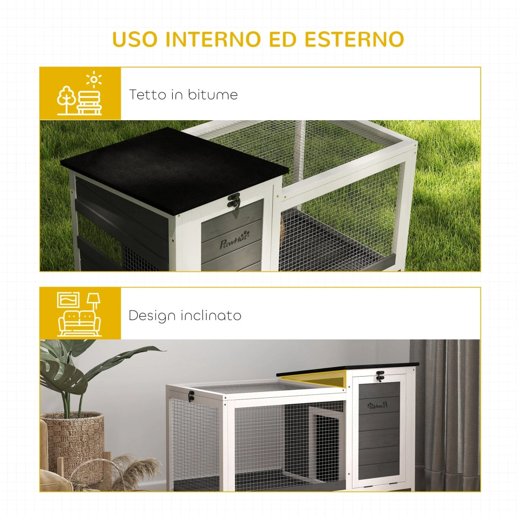 Conigliera 91x51x66 cm con Ruote in Legno di Abete Grigio Scuro e Bianco