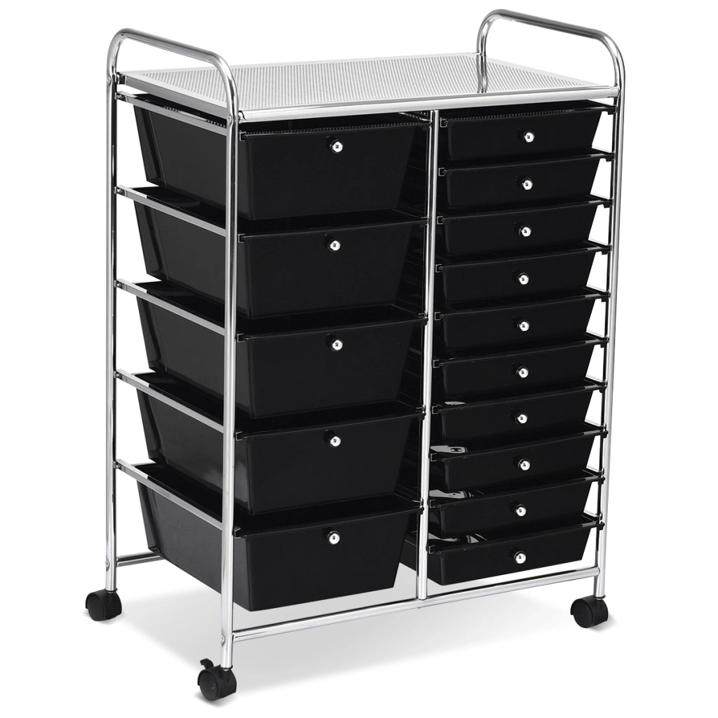 Carrello cassettiera multiuso con 15 cassettiera in plastica da cucina Contenitore con ruote Nero-Armadi da ufficio