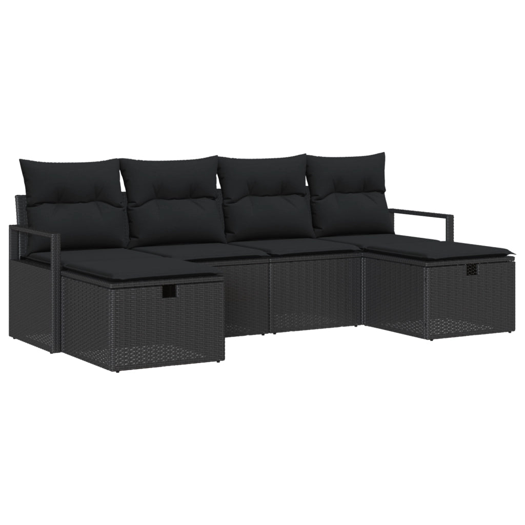 Set divano giardino 6 pezzi con cuscini in rattan polimerico nero