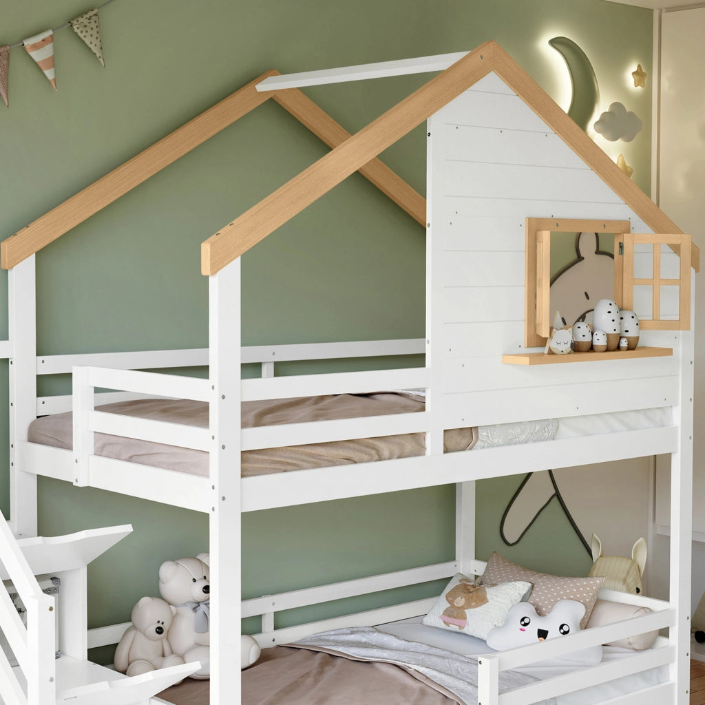 Letto a castello in legno 90x200 cm con scale contenitive e cassetti