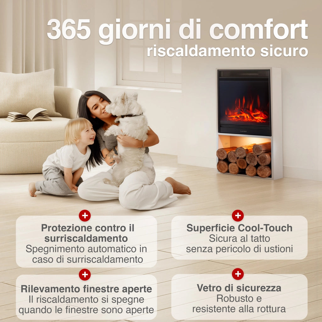 KAMINIO Camino elettrico HUGO - Stufa elettrica con riscaldamento, effetto fiamma 3D, luce ambiente a LED, scomparto de legno, telecomando - Bianco