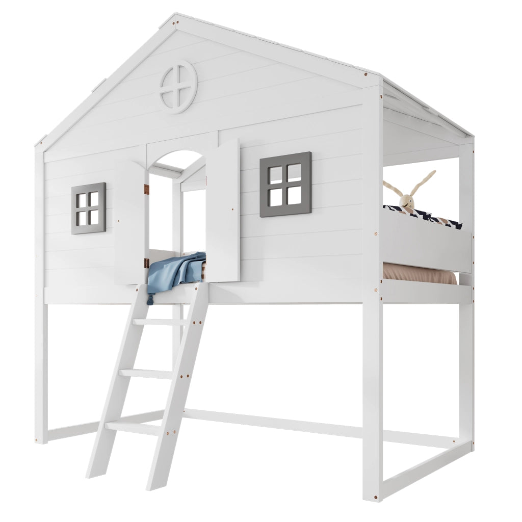 Letto a castello con scala bianco grigio in legno massello e MDF 90x200 cm