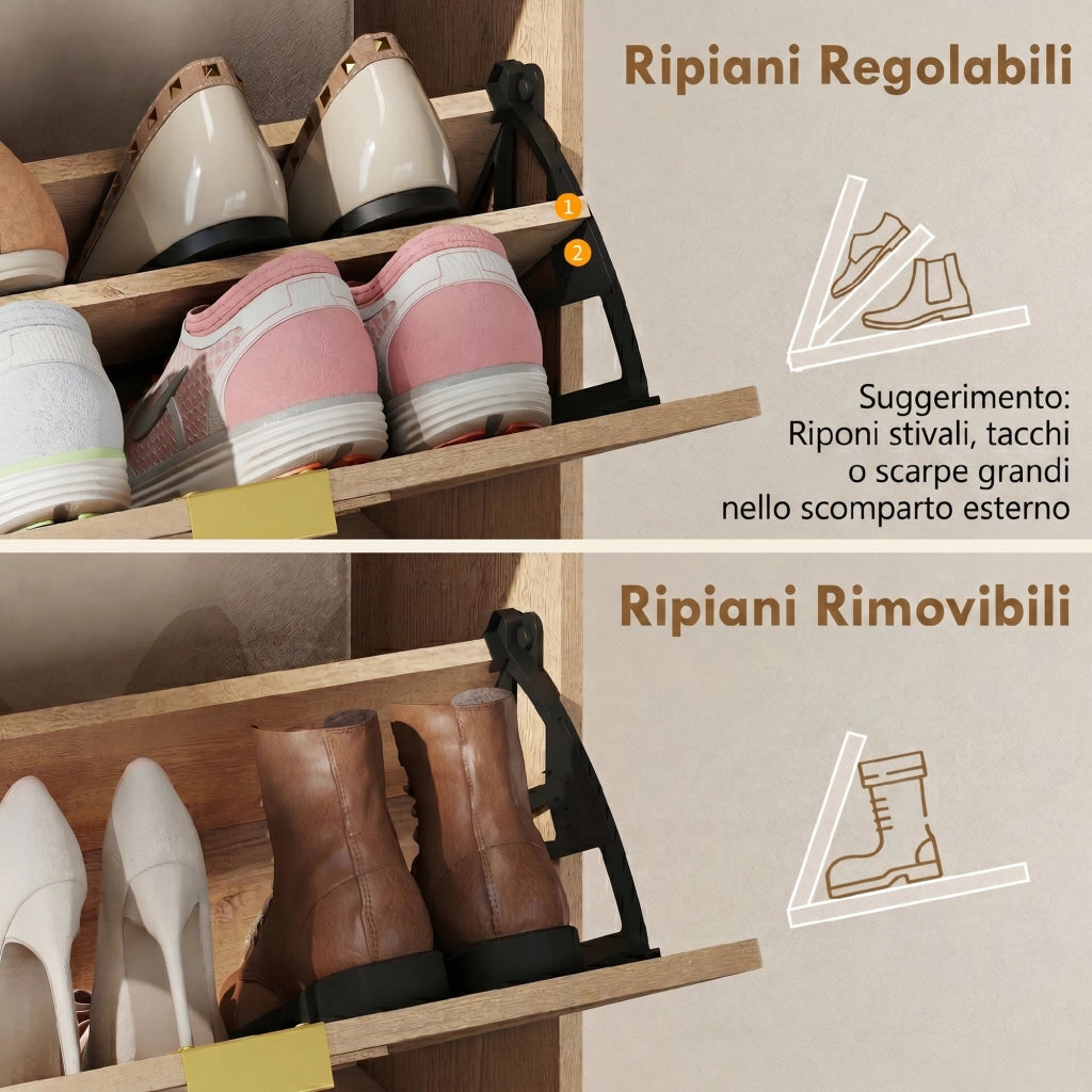 Scarpiera Salvaspazio Slim con 2 Ante a Ribalta e Ripiani Regolabili Rimovibili per 8 Paia. Color Noce