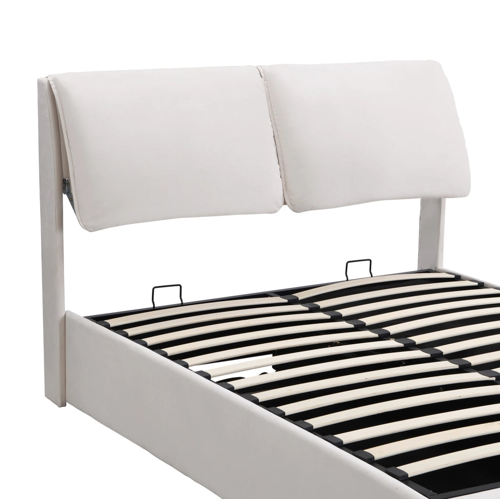 Letto imbottito 140x190 cm beige in velluto con contenitore