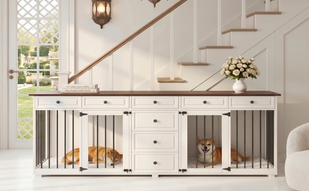 MOBILE Gabbia per 2 cani 200x60x85 cm MDF e Metallo Bianco Noce con 8 cassetti