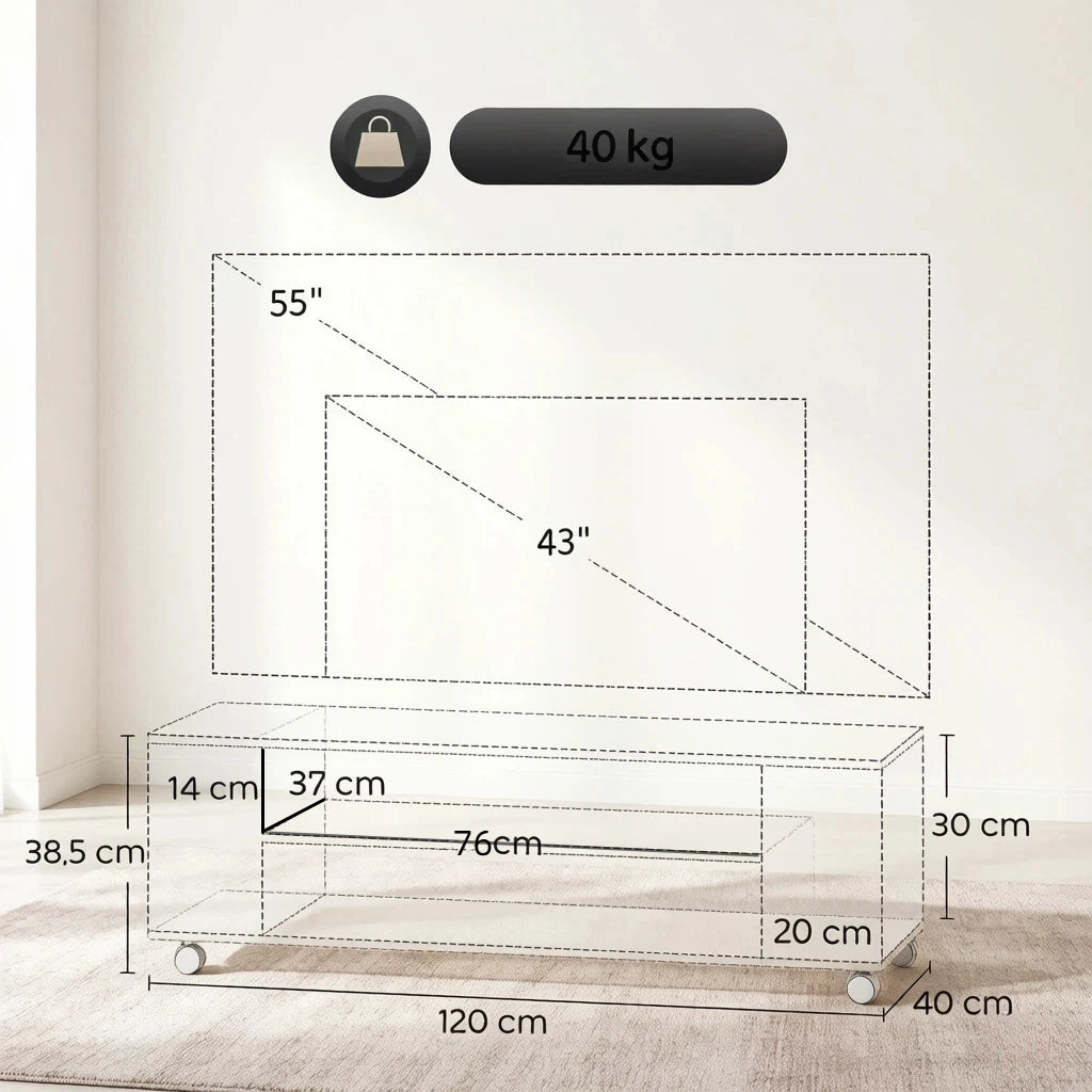 MOBILE TV con ruote 120x40x38,5 cm naturale e bianco