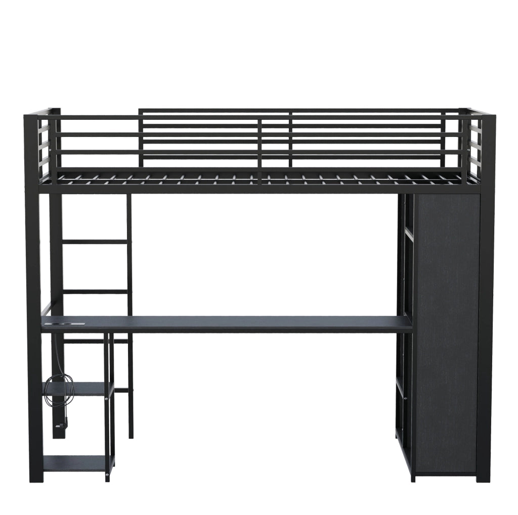 Letto a soppalco 90 x 200 cm in metallo e MDF con LED; scrivania e armadio aperto; nero