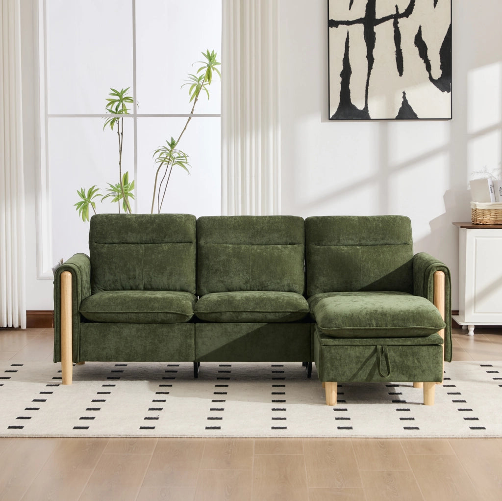 Divano angolare 3 posti 201x77x86 cm verde con contenitore, chenille e tasche laterali