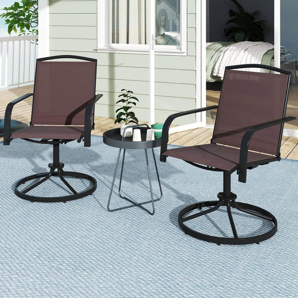 Set di 2 Sedie da Patio Girevoli, Poltrone a Dondolo in Rete a 360° con Schienale Alto e Base Rotonda in Metallo, Sedia a Dondolo Robuste per Giardino Balcone, Portata 150 kg (Marrone)