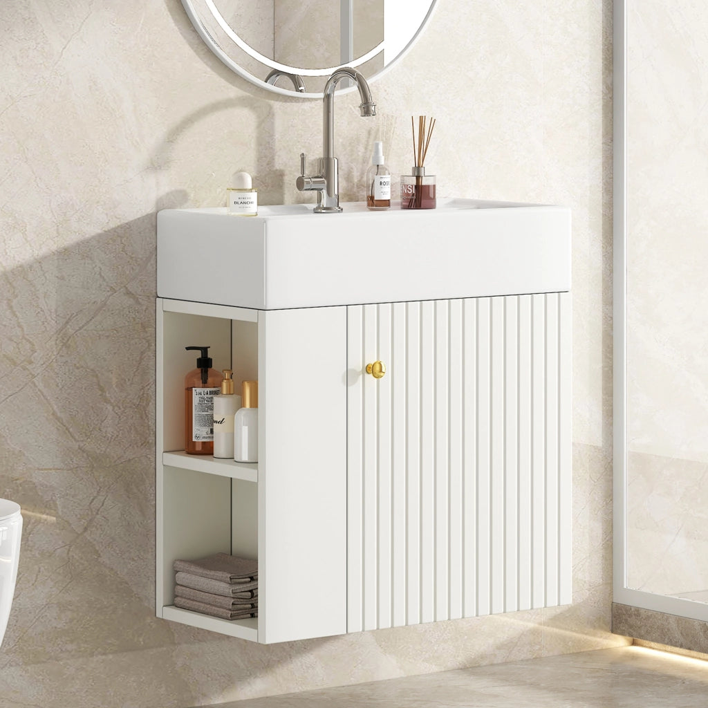 Mobile sottolavabo da bagno con lavabo in ceramica; vani laterali e armadietto; bianco