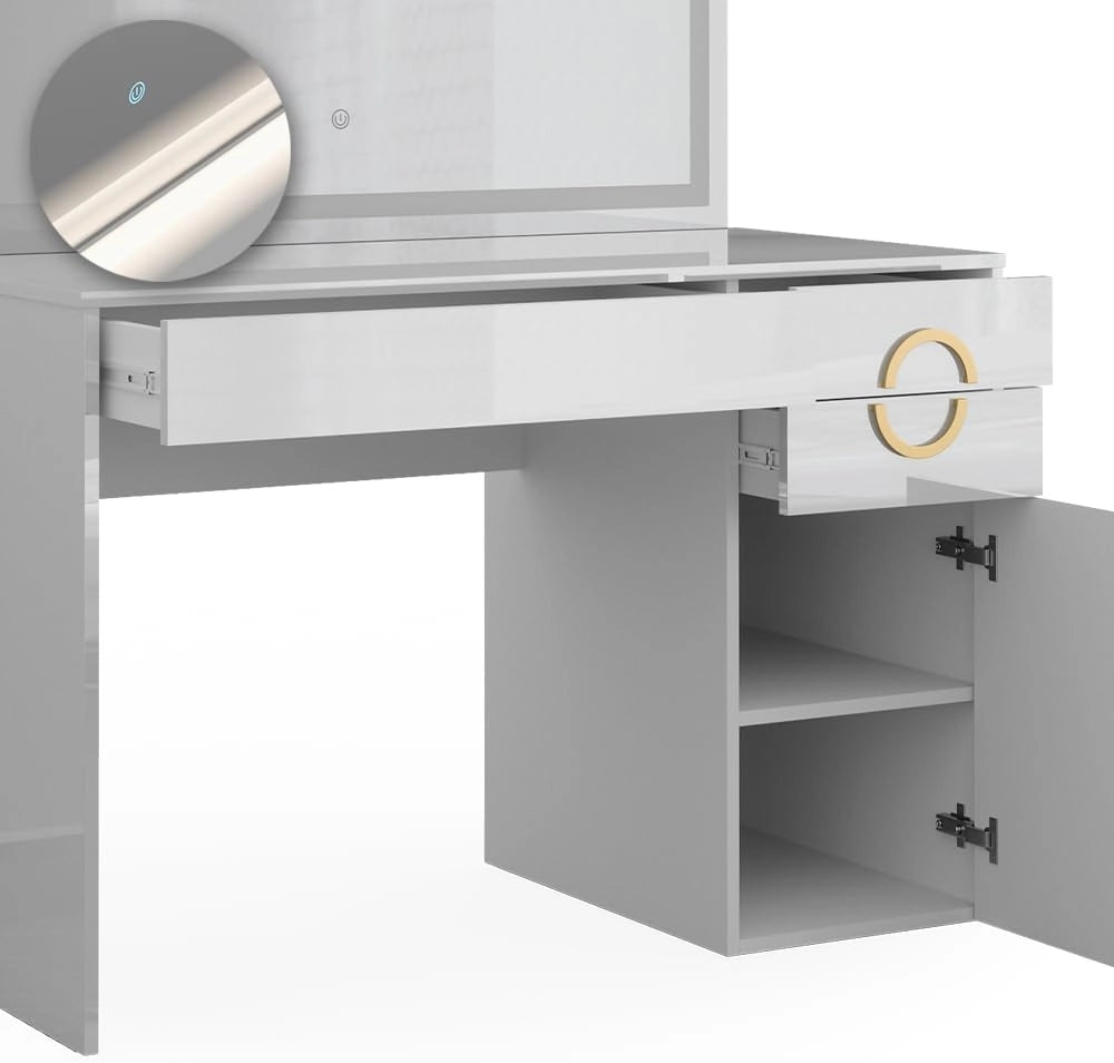 Tavolo da toeletta Adela, Bianco, 115 cm con specchio a LED, Funziona anche come postazione di lavoro elegante