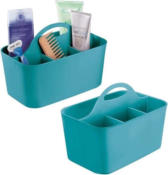 Set di 2 contenitori per bagno con maniglia - organizzatore cosmetico, contenitore da appendere in cucina o contenitore per asciugamani - piccola scatola per bagno in plastica duratura - blu turquesa