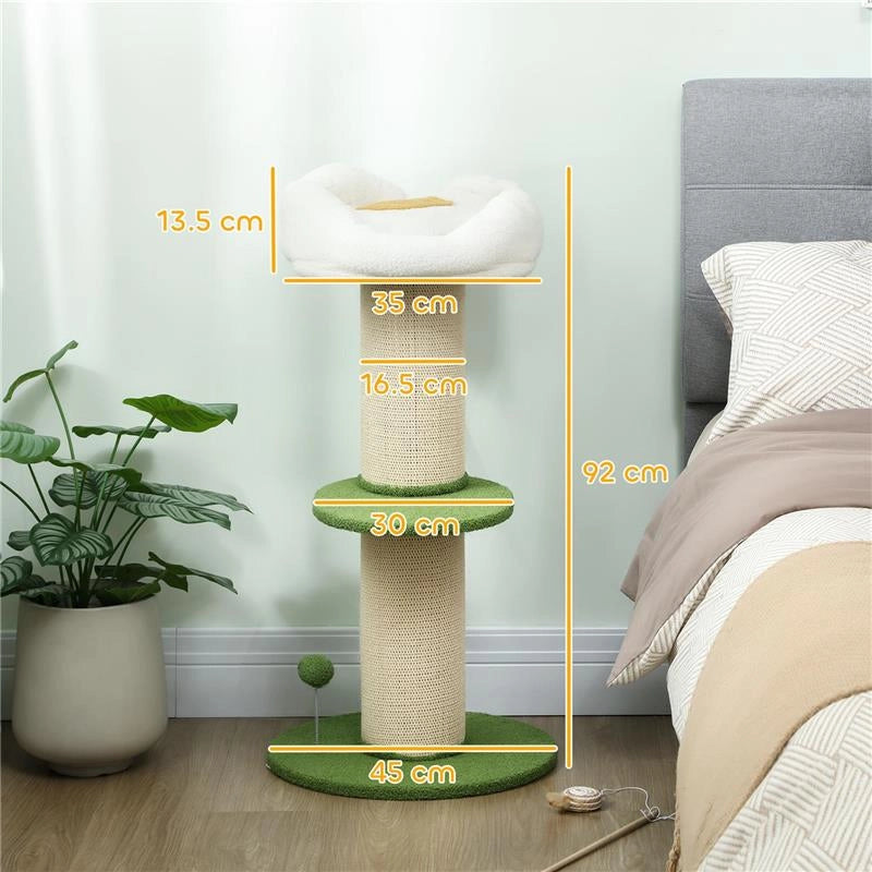 ALBERO TIRAGRAFFI PER GATTI ALTO 92 CM CON PALO IN SISAL E LETTINO A FORMA DI FIORE, VERDE