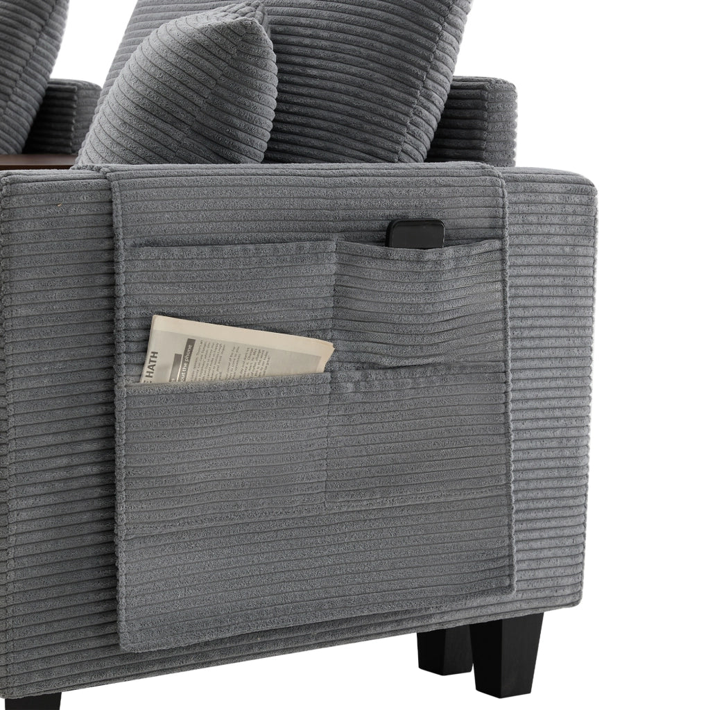 Divano angolare L 229x149.5x83 cm con console centrale; porta bicchieri e USB in velluto a coste grigio