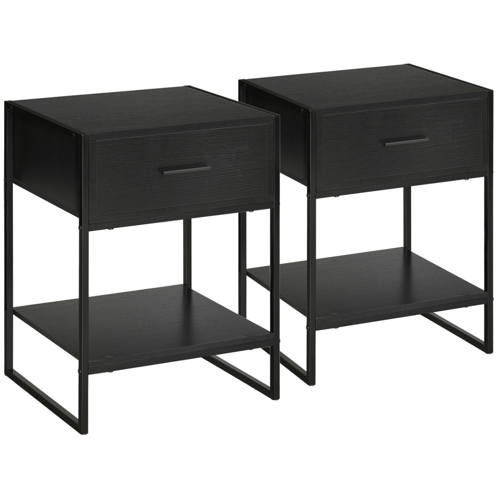 Easycomfort Comodino Moderno Set 2 Pezzi con Cassetto e Ripiano Aperto per Camera da Letto e Soggiorno, in MDF e Acciaio, 45x40x60cm, Nero